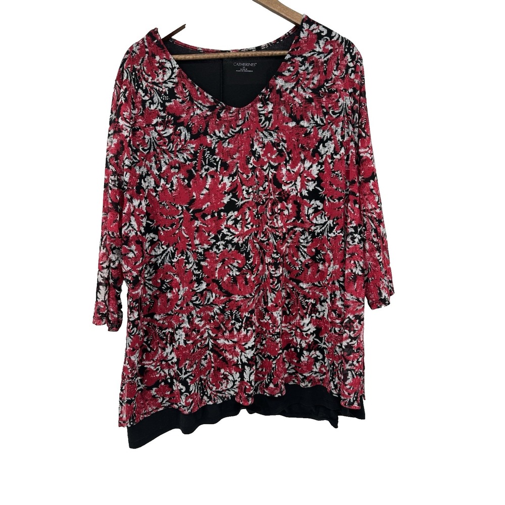 Catherines Women's Blouse pullover sheer stretch soft 3/4th sleeve floral red 2x